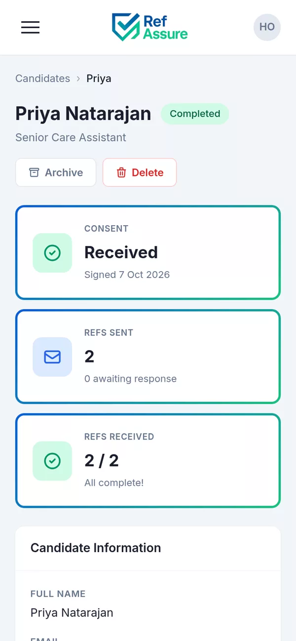 A candidate record on a phone showing consent received and two of two references received