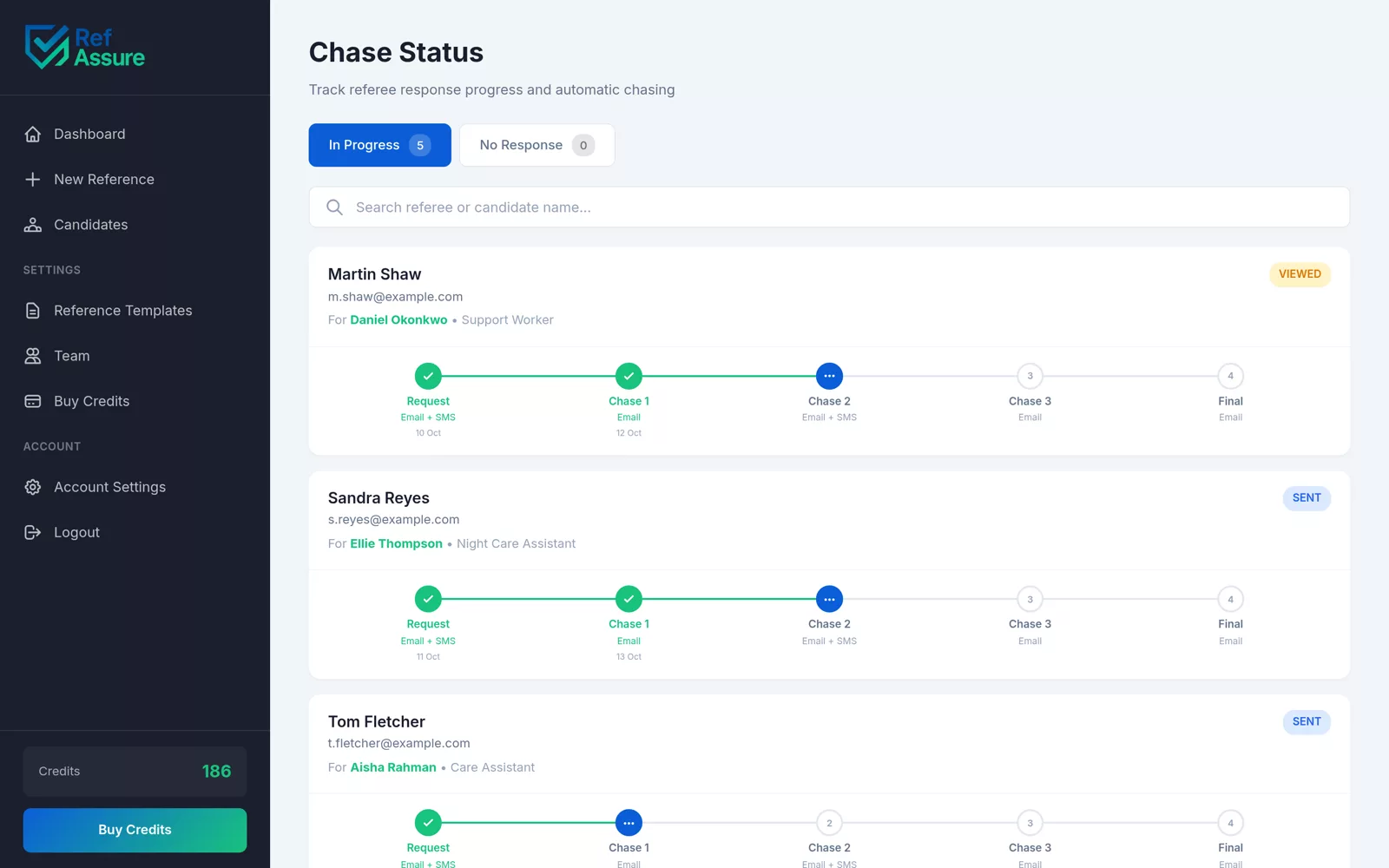 Chase status page showing each referee timeline with email and text markers