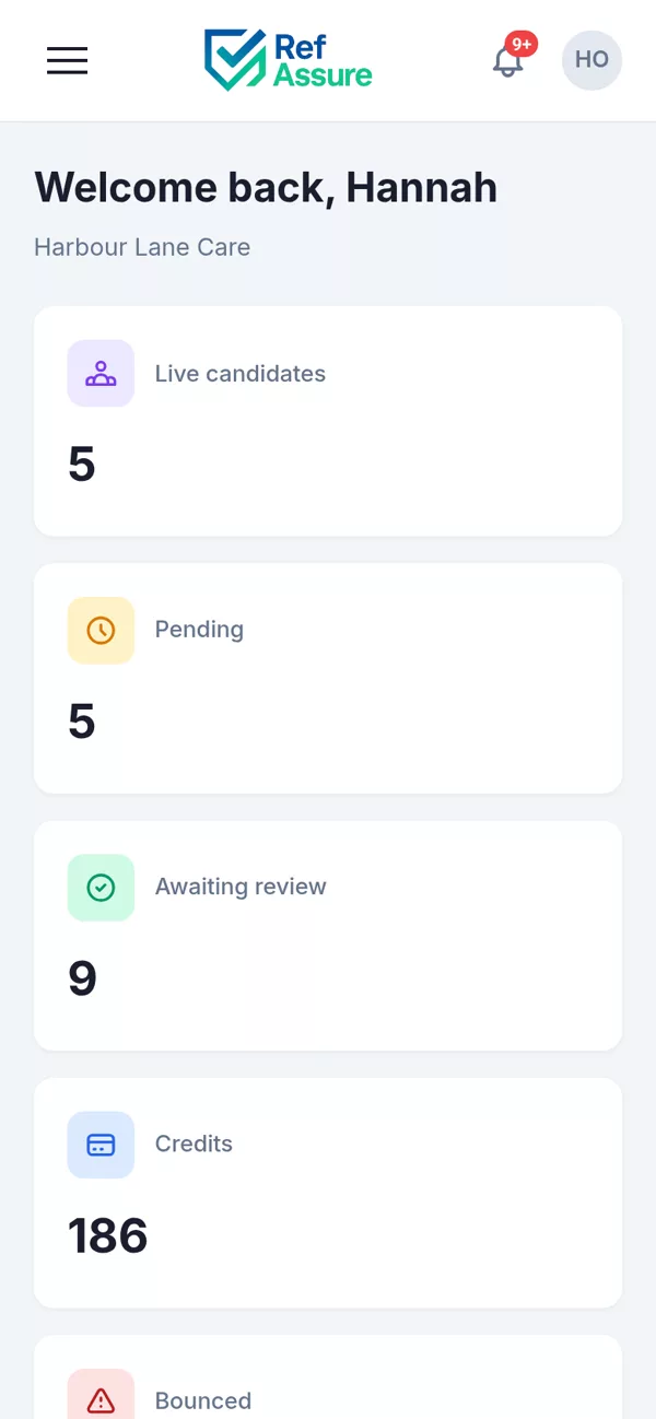 RefAssure dashboard on a phone showing live candidates, pending references, items awaiting review and credits