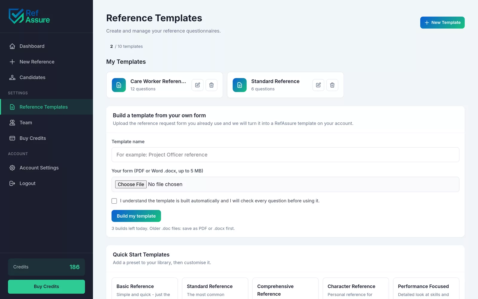 Reference templates page with starter templates and the option to build a template from your own form