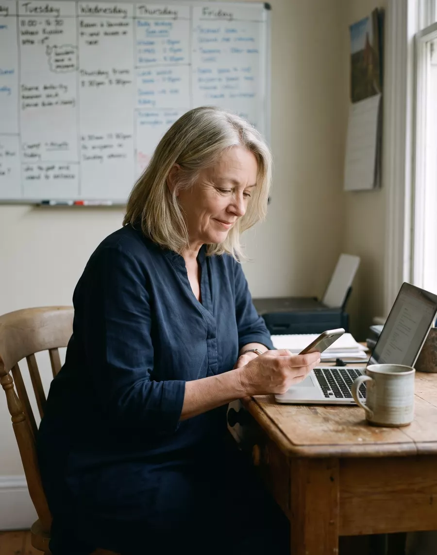 Registered manager checking a completed reference on her phone at her desk