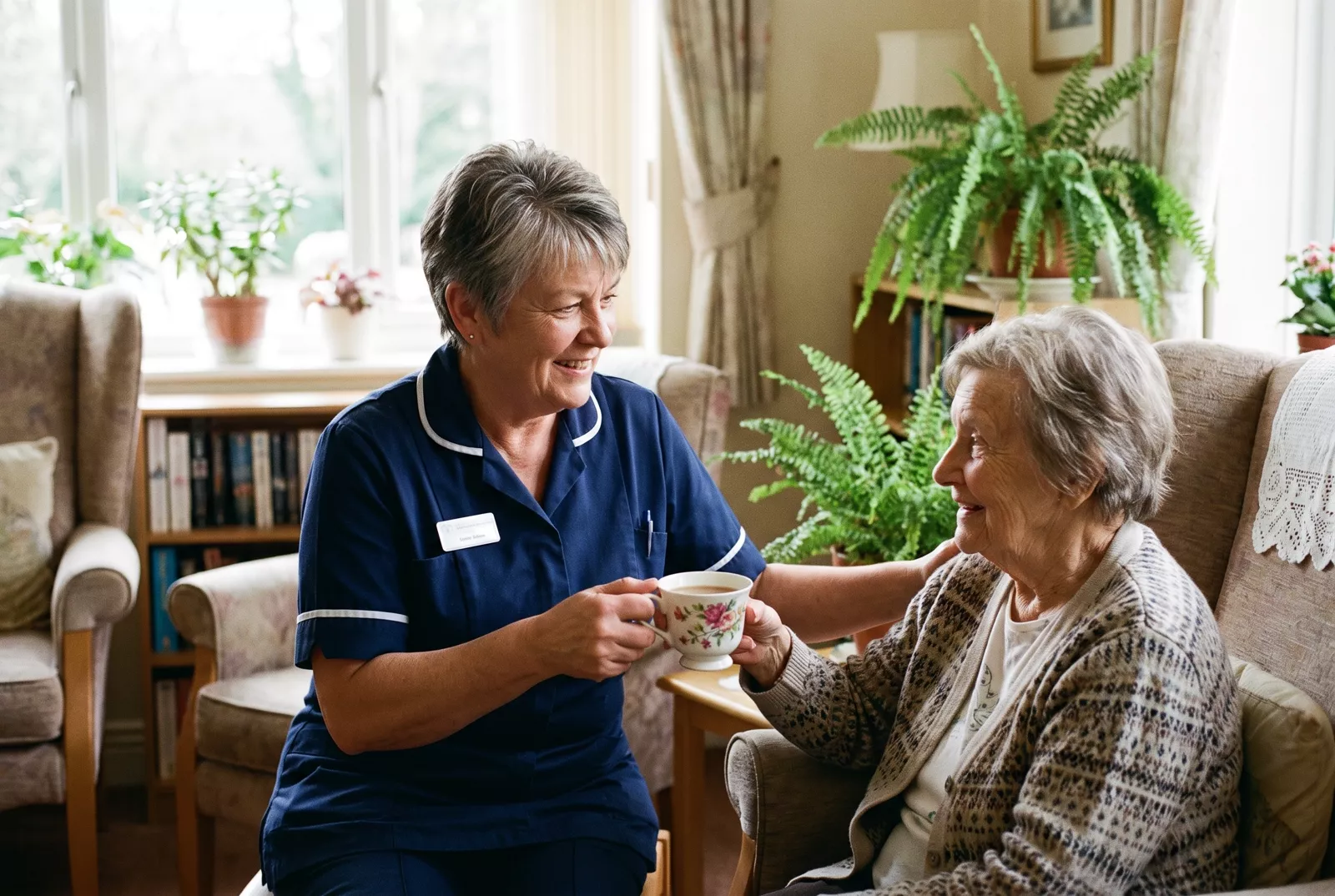 Senior carer bringing tea to an elderly resident in a care home lounge