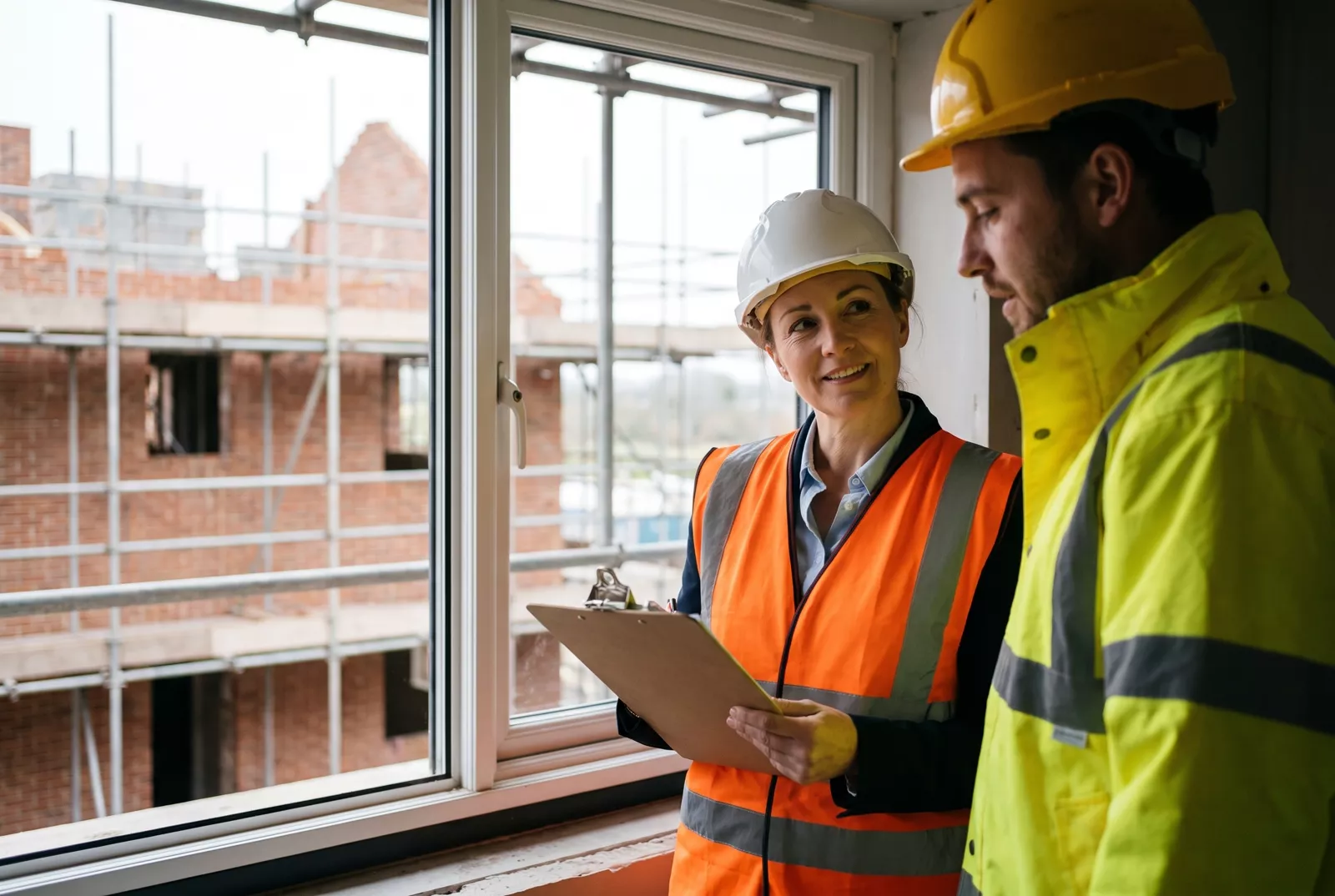 Site manager and worker checking a clipboard on a building site