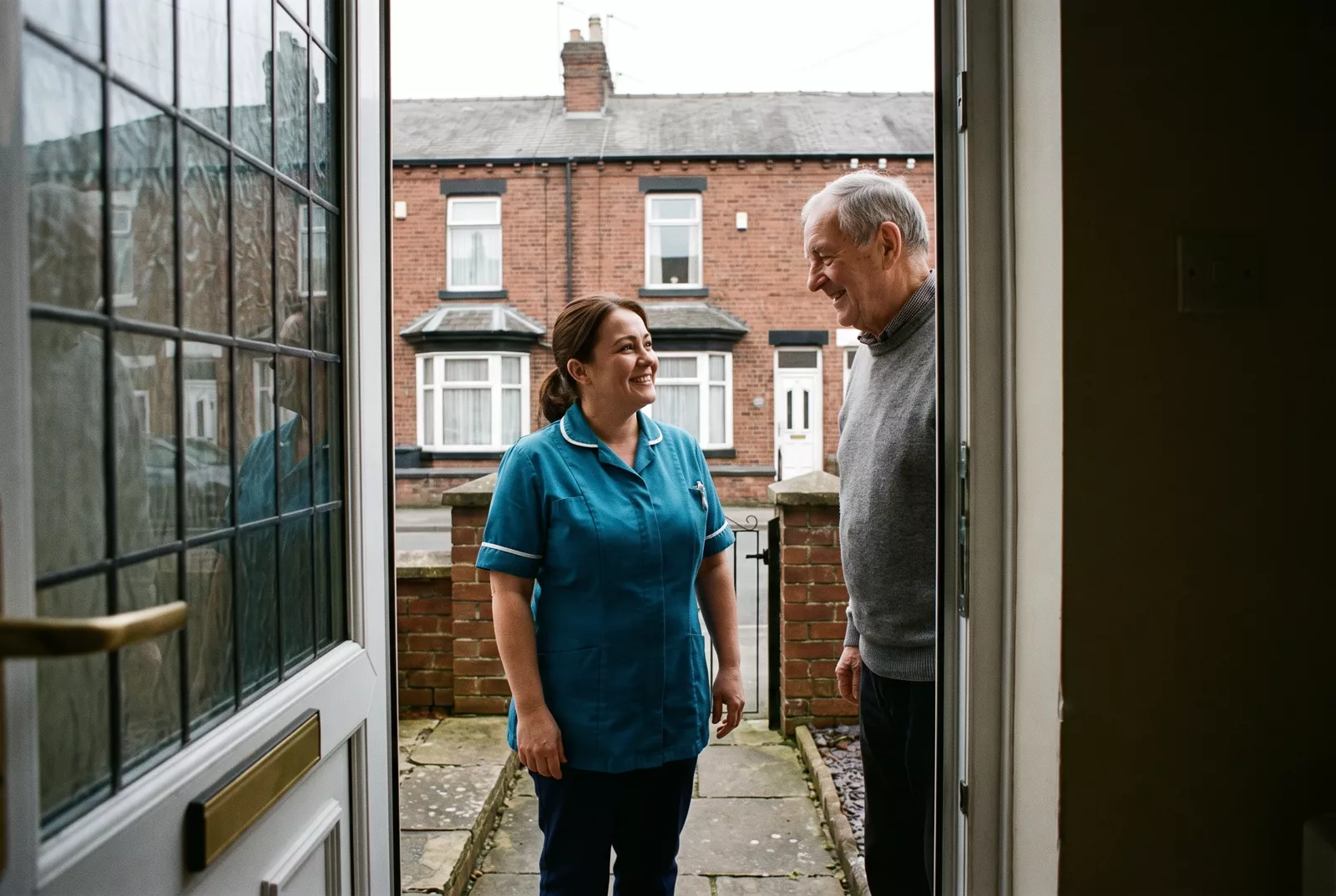 Home care worker arriving at an elderly client's front door