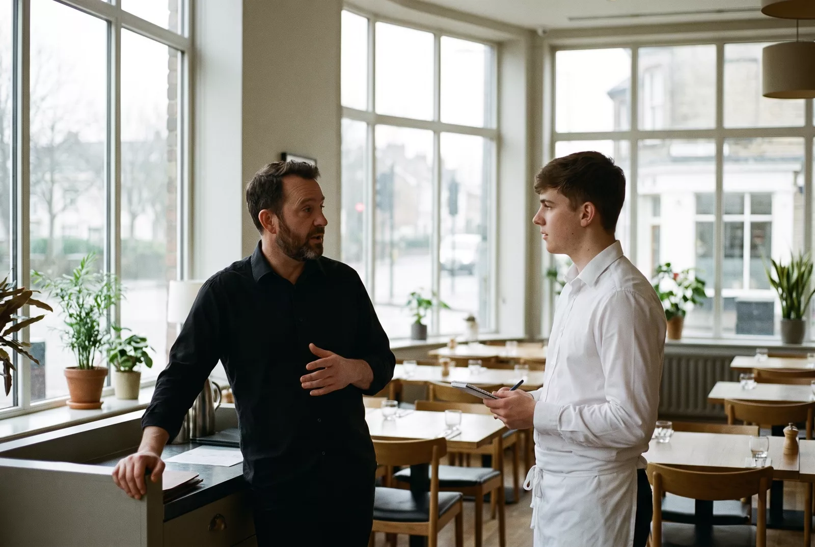 Restaurant supervisor briefing a new waiter before service