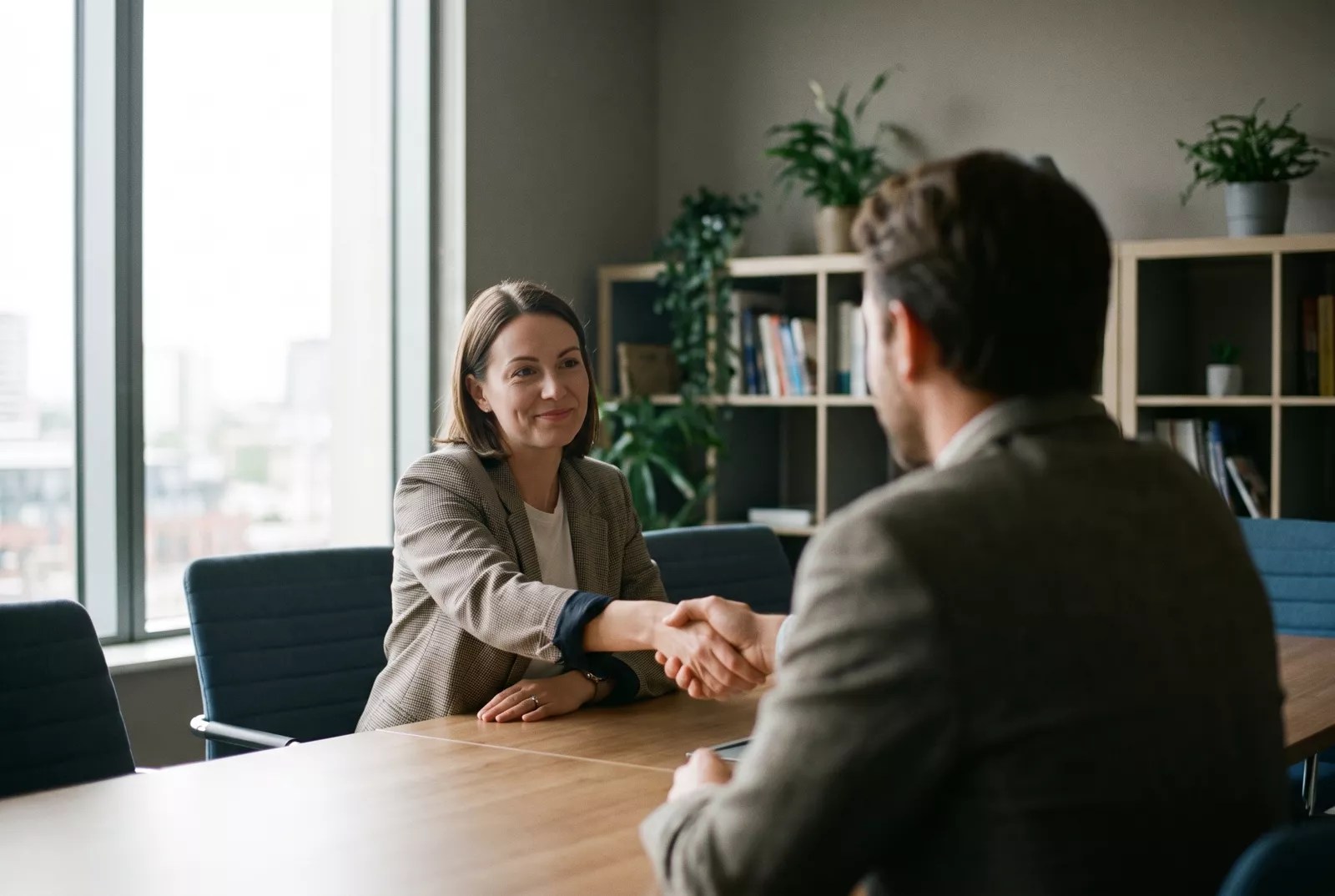 HR manager shaking hands with a candidate in a meeting room