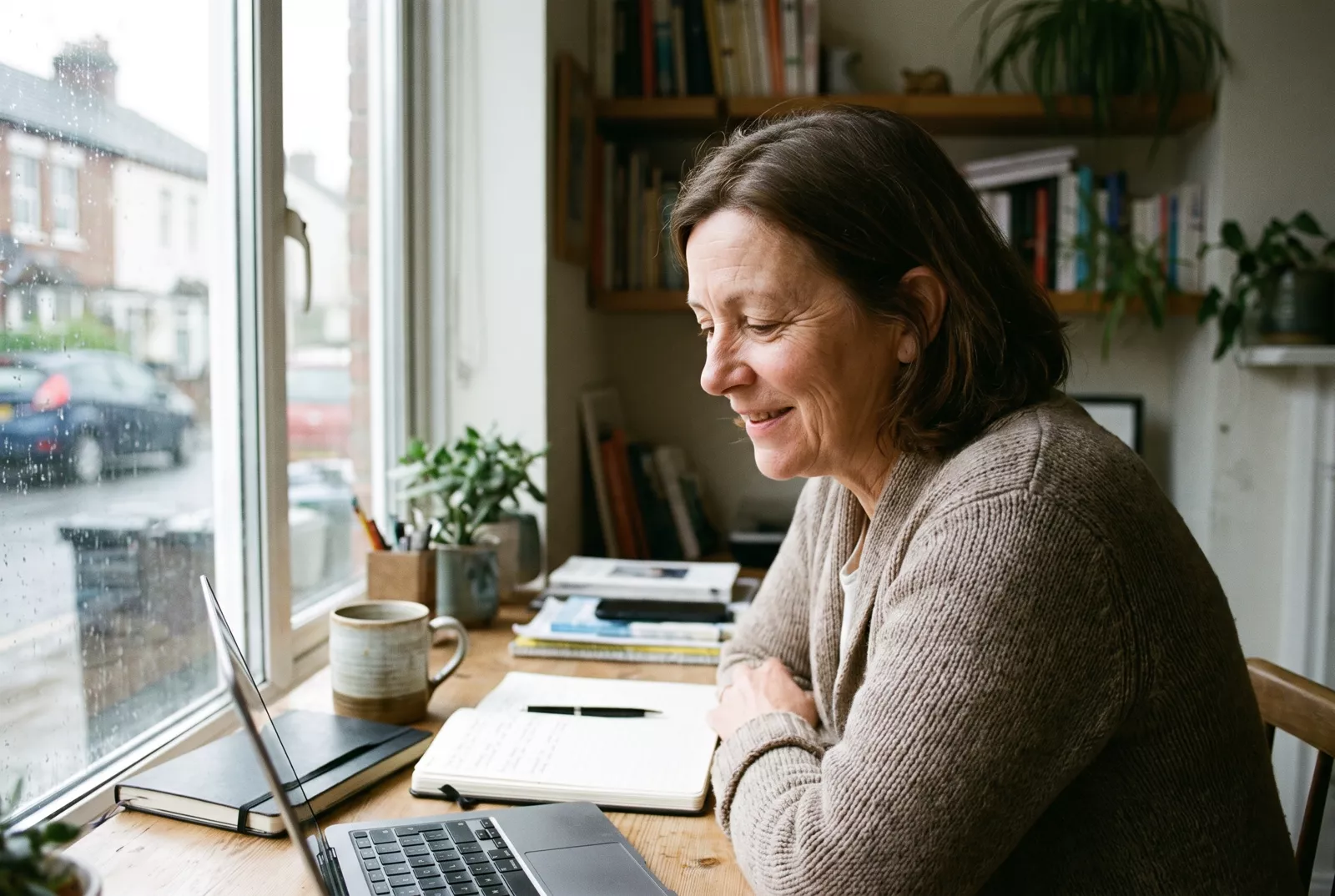 HR adviser working on a laptop at her desk by a window