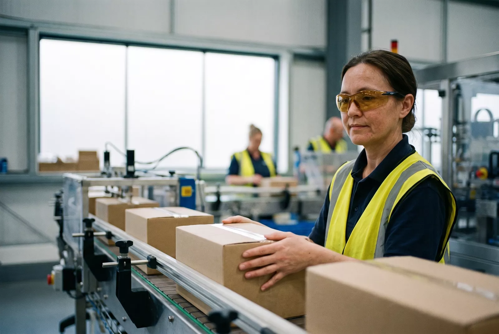Production operative packing boxes on a factory line