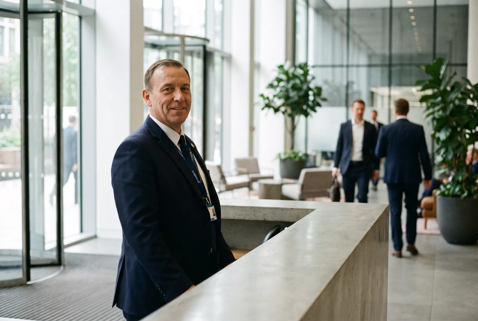 Security officer at the front desk of an office building