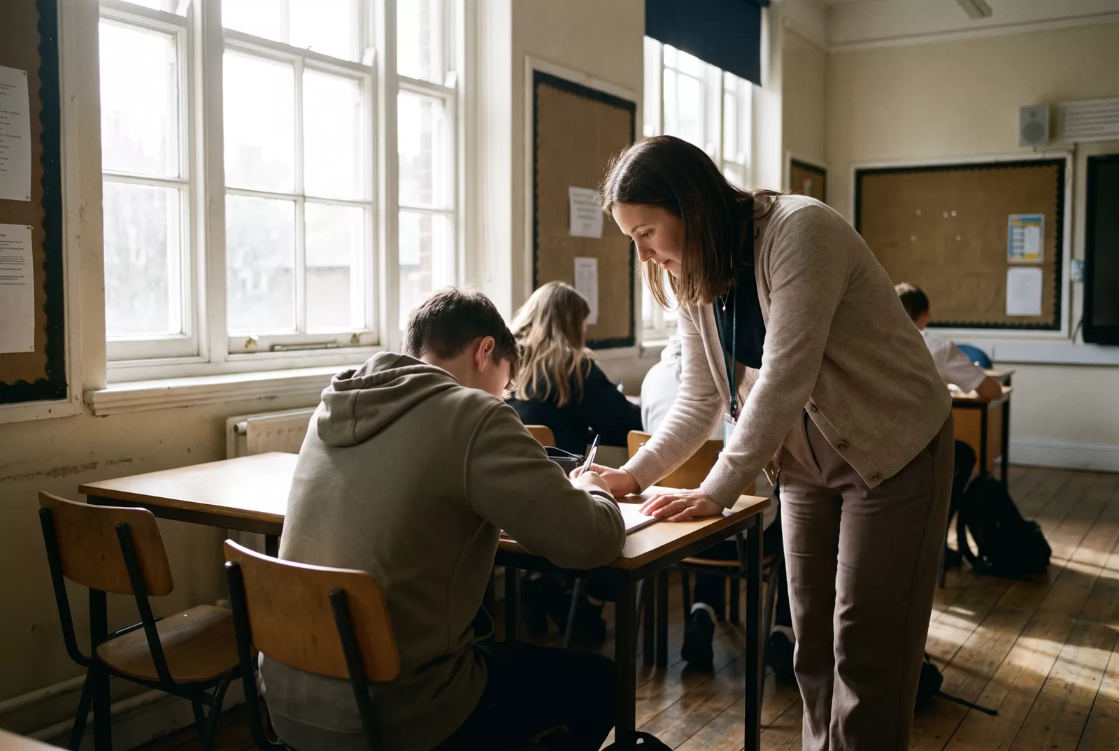 Teacher helping a pupil at a desk in a classroom