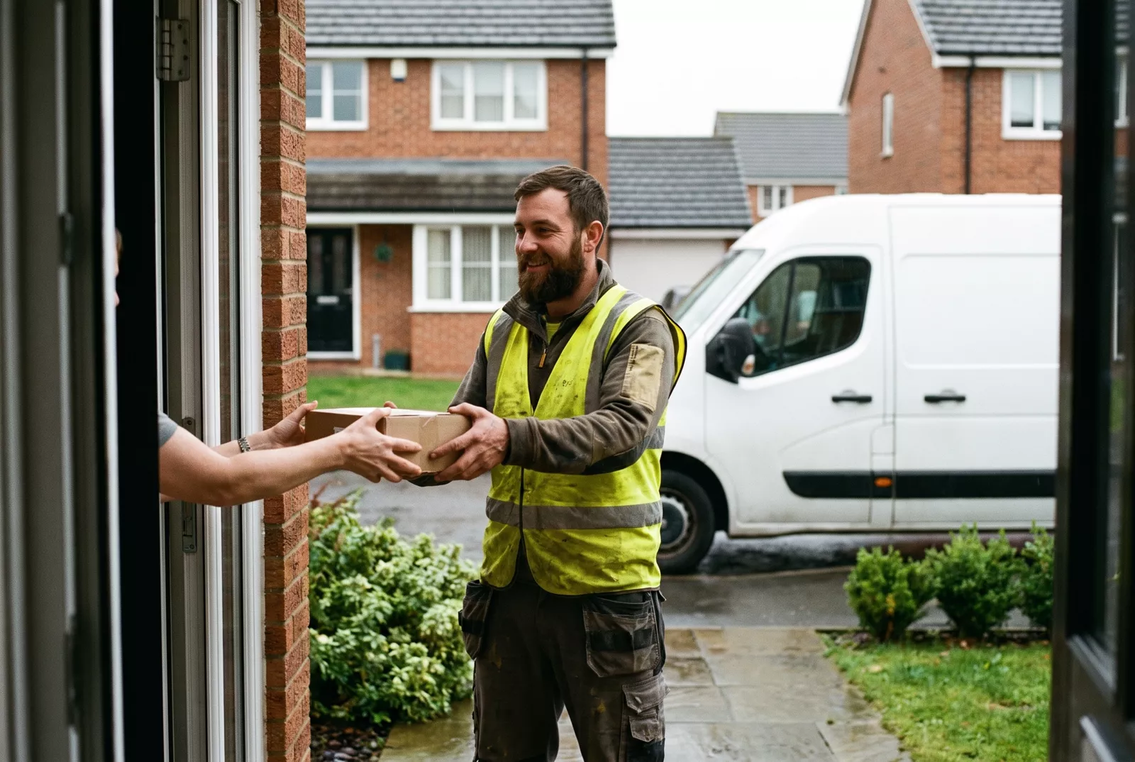 Delivery van driver handing over a parcel at a front door