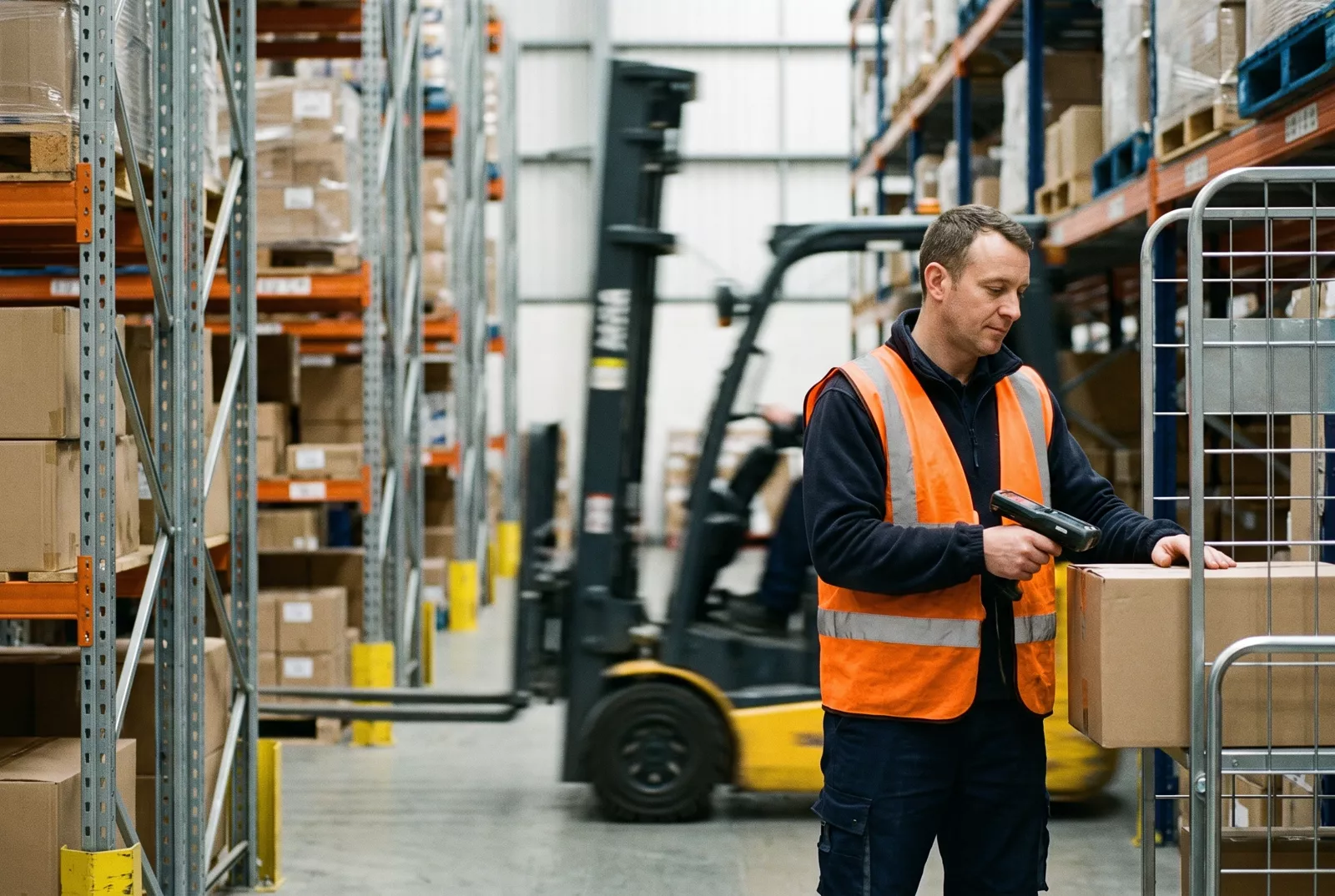 Warehouse operative scanning parcels between tall racking