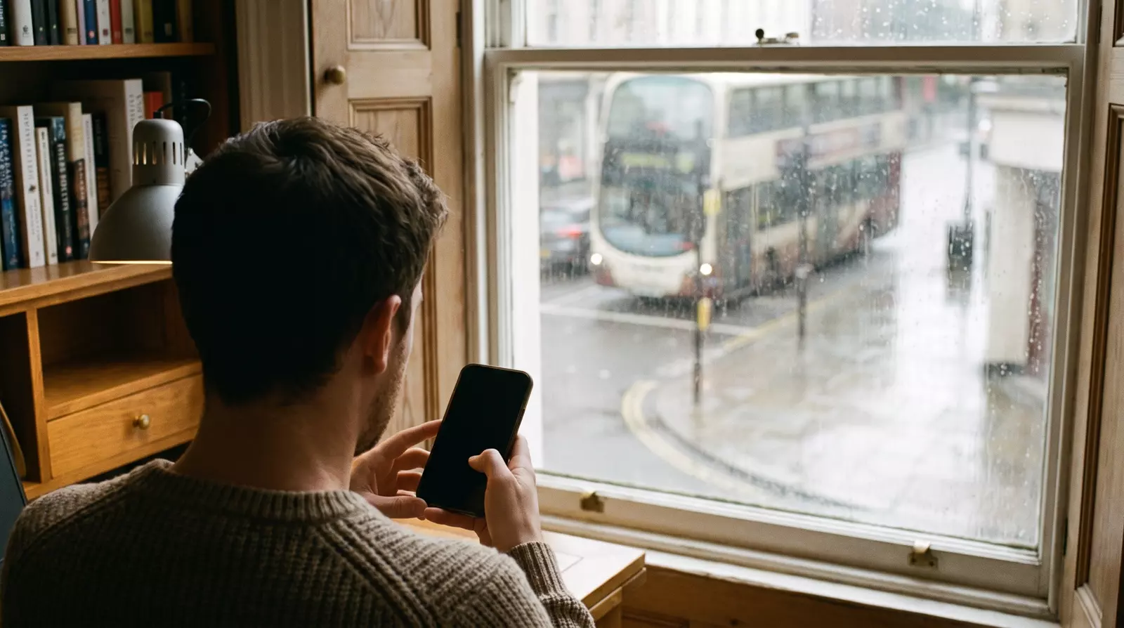 A former employer opening a reference request on his phone by a rainy window