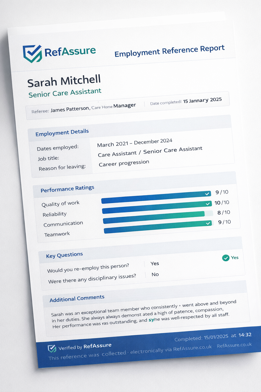 RefAssure employment reference report PDF example showing performance ratings, employment details and referee comments