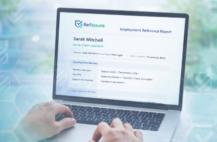 RefAssure automated reference checking dashboard showing reference request status, candidate details, and tracking for UK recruiters and employers